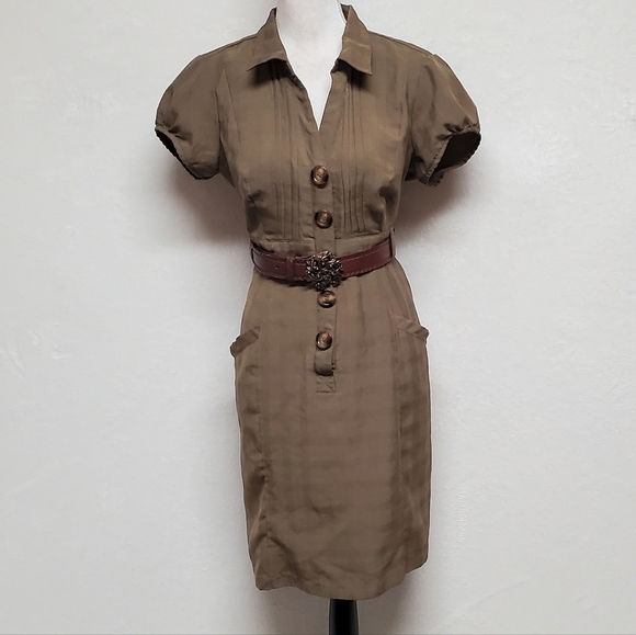 Vintage 90s Robbie Bee Olive Green Puff Sleeve Pleated Button Up Shirt Dress 14 - Picture 4 of 16